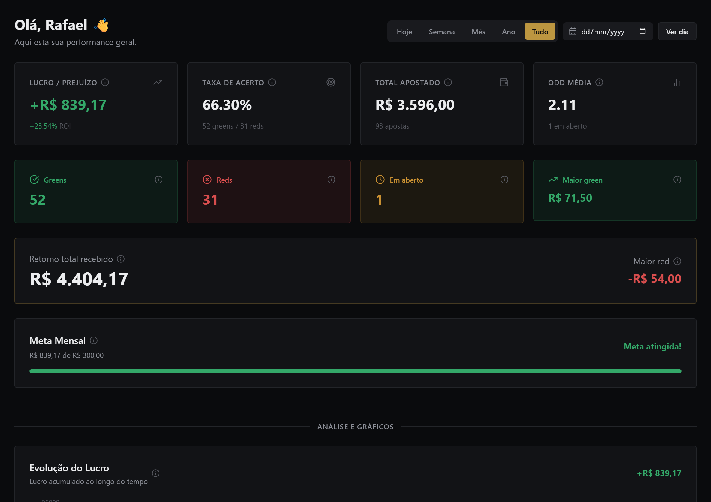 Dashboard com lucro, ROI e gráficos de performance